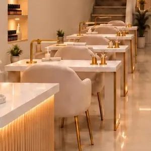 Mesas de manicure con sillas tapizadas y grifería dorada