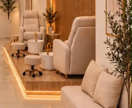 Sillones de pedicure sobre tarima de madera con luz cálida